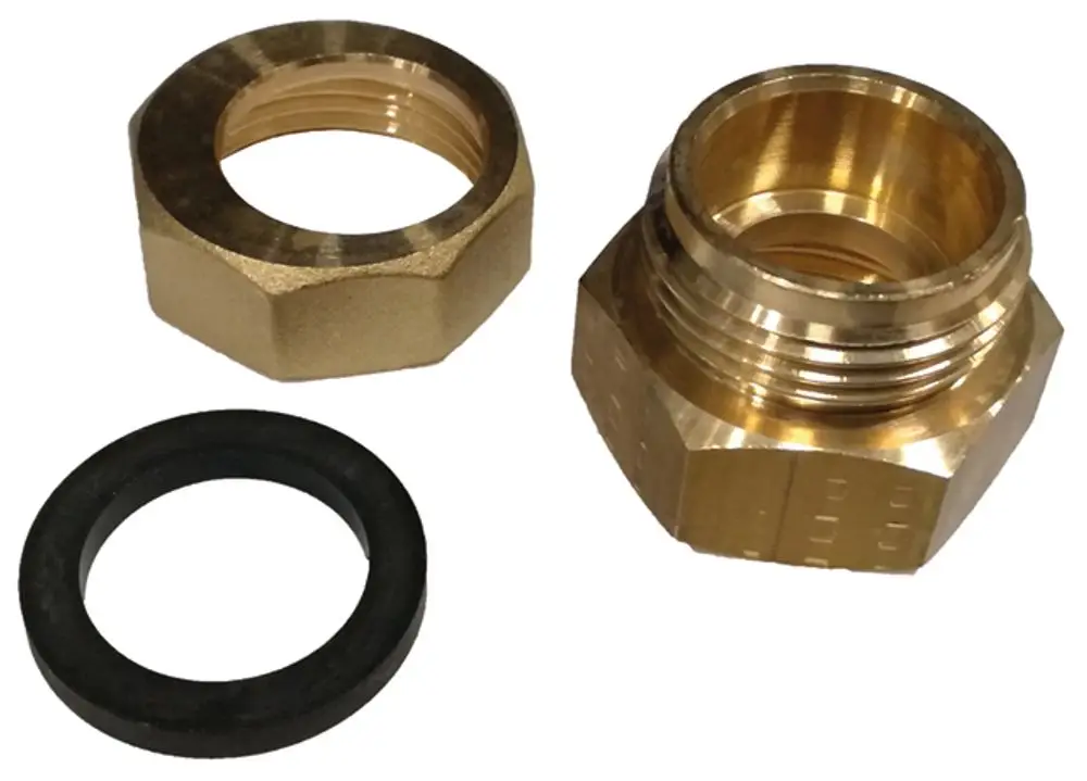Zwei Messingteile, eines mit Innengewinde und sechseckiger Form, das andere ein O-Ring aus schwarzem Gummi, für Einsatz in Syr-Dosierpumpen.